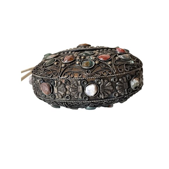 Vintage Sajai inlaid natural agate stones gems metal evening purse from India - Picture 5 of 12